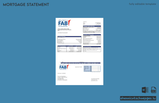 UAE First Abu Dhabi Bank Hypothekenabrechnung in Word- und PDF-Formaten – Beispielvorschau